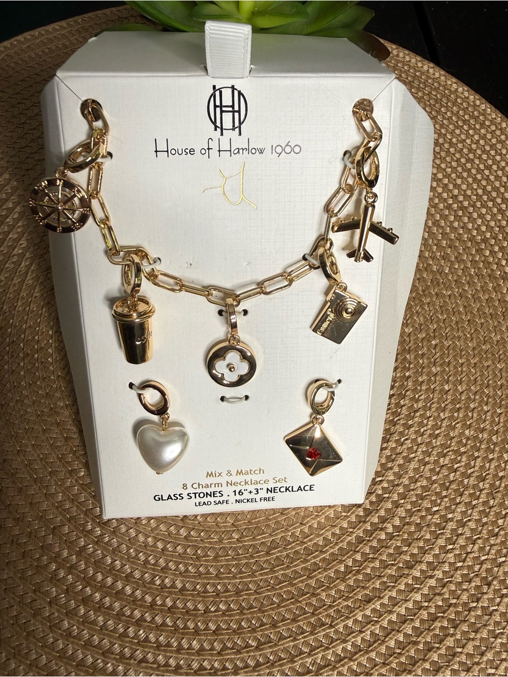 House of Harlow 1960 🔥 Gold Charm Necklace Set with Pearl Heart